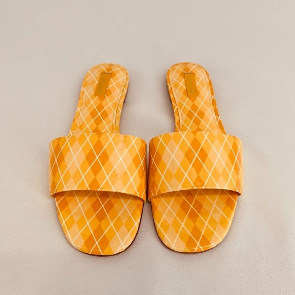 Larroude Ivy Patient Leather Sandals Size 8 Yellow Orange Plaid New without Box